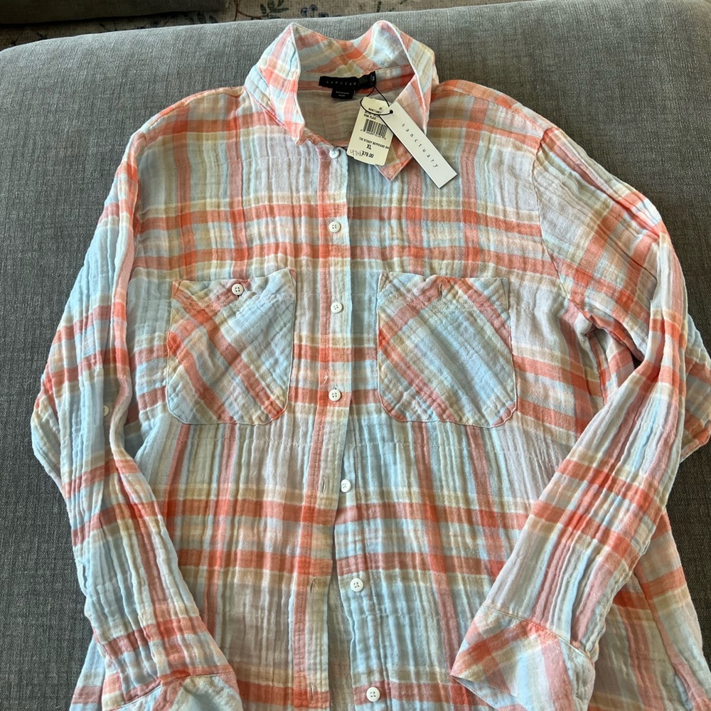 Sanctuary Coral and Light Blue Plaid Button-Down Shirt